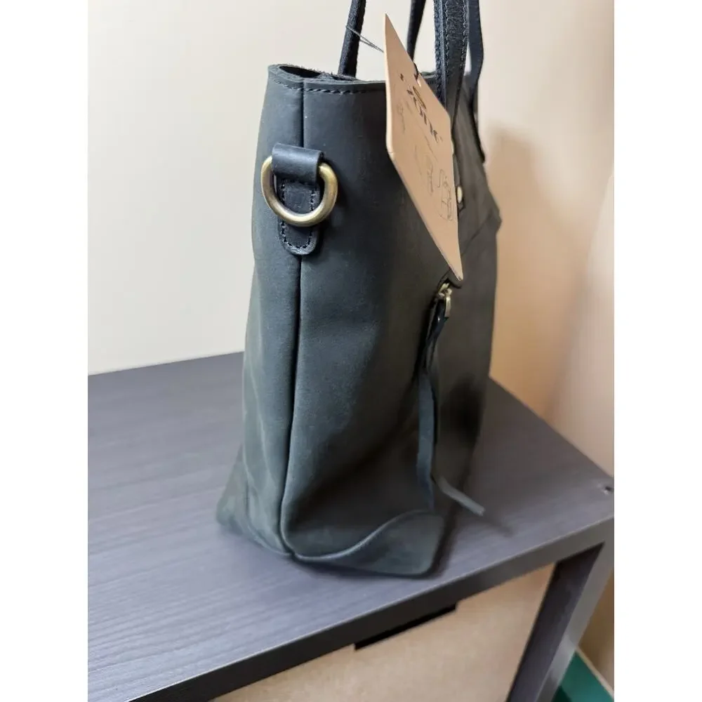 S-ZONE Women's Vintage Leather Work Tote Bag Black Crossbody Strap & Dustbag NEW